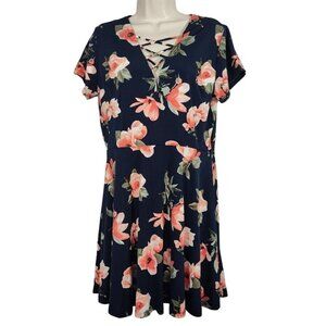 J for Justify Blue Floral A-line V-neck Dress Women Size XL Short Sleeve NEW